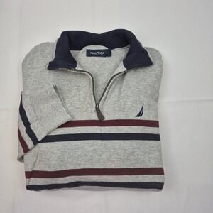 Nautica Men's L‎ Gray Striped Quarter Zip Pullover Sweater Logo Preppy Classic